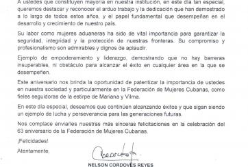 Carta de felicitación a las Federadas.