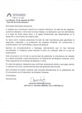 Carta de felicitación a las Federadas. Carta de felicitación a las Federadas.