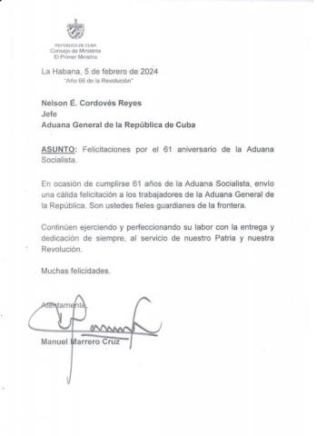 carta primer ministro