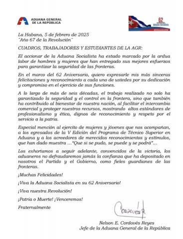 Envía Jefe de la Aduana General de la República carta de felicitación 