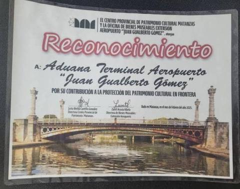Reconocimiento otorgado por el Centro Provincial de Patrimonio Cultural a la aduana de matanza.